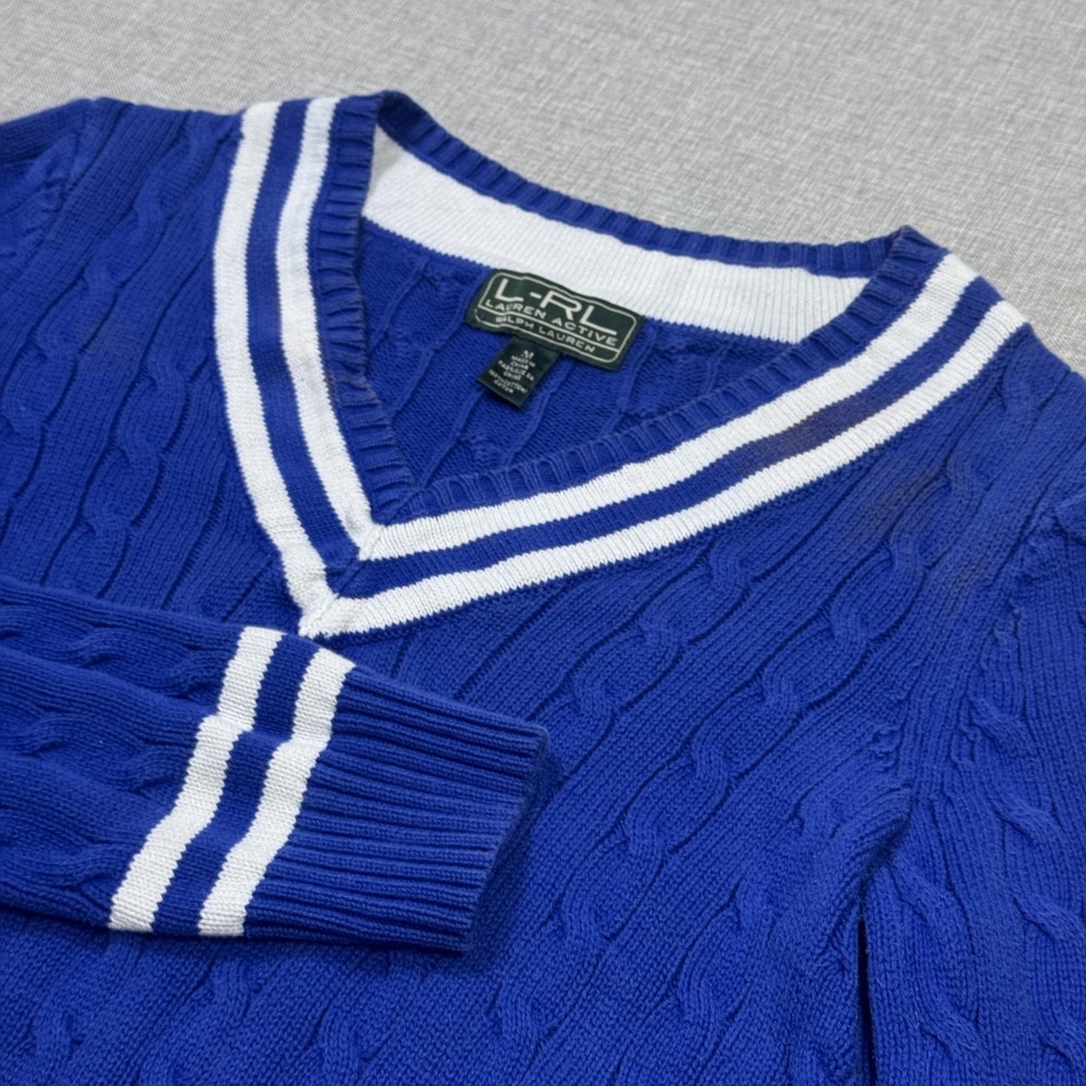 Lauren Ralph Lauren Cricket Cable-Knit V-Neck Sweater Womens M Blue Long Sleeve